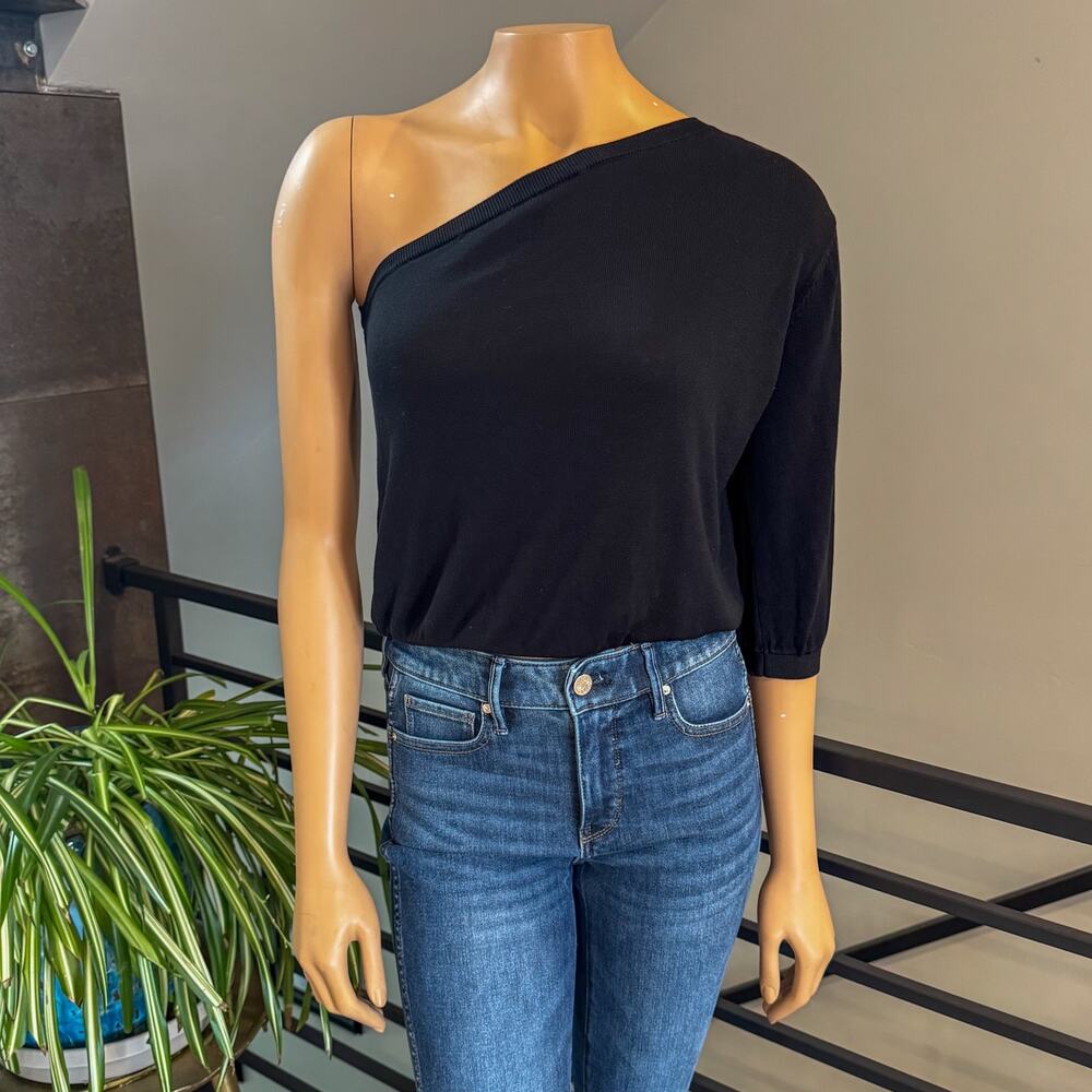 Maison 123 Paris Optimisme Black Knit One Shoulder Blouson 3/4 Sleeve Top Small